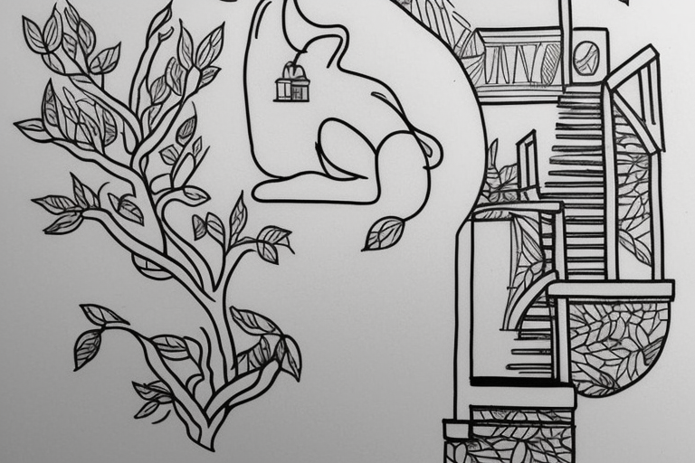 a really simple line drawing of a greek house, with a cat on the stairs, and a small olive tree tattoo idea