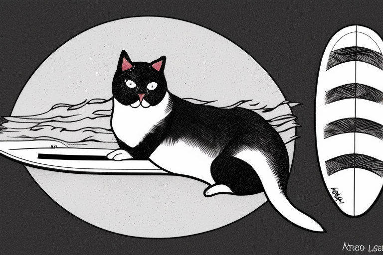a tuxedo cat loafing on a surfboard that's caught a wave tattoo idea