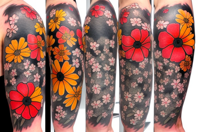 cherry blossoms, poppies, and black eyed susans tattoo idea