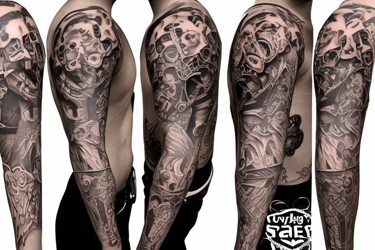 Trash polka style sleeve with lion skull 
geometric pieces brush storkes on the shoulder tattoo idea