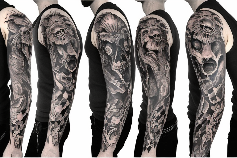 Trash polka style sleeve with lion skull 
brush storkes on the shoulder tattoo idea