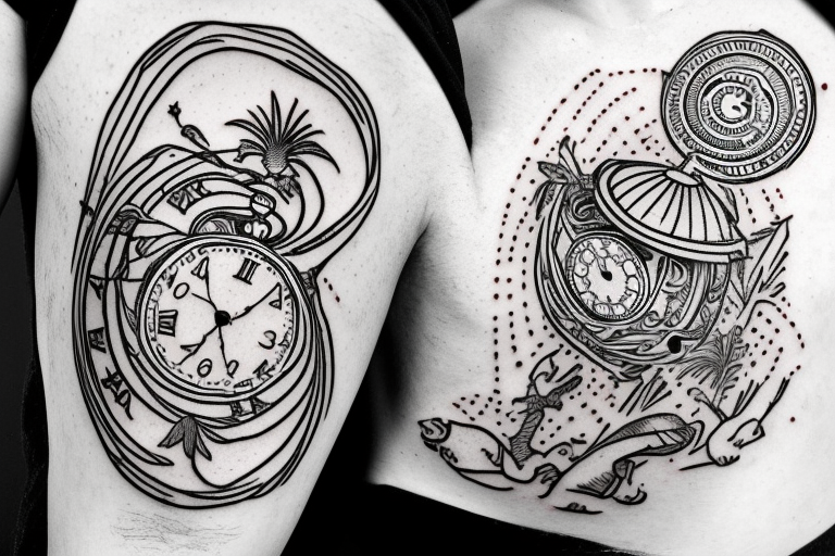 A pocket watch with no dials, covering the pocket watch theres a hammock that connected to 2 palm trees, inside of the hammock is the white rabbit from  Alice in Wonderland laying there look chill and happy tattoo idea