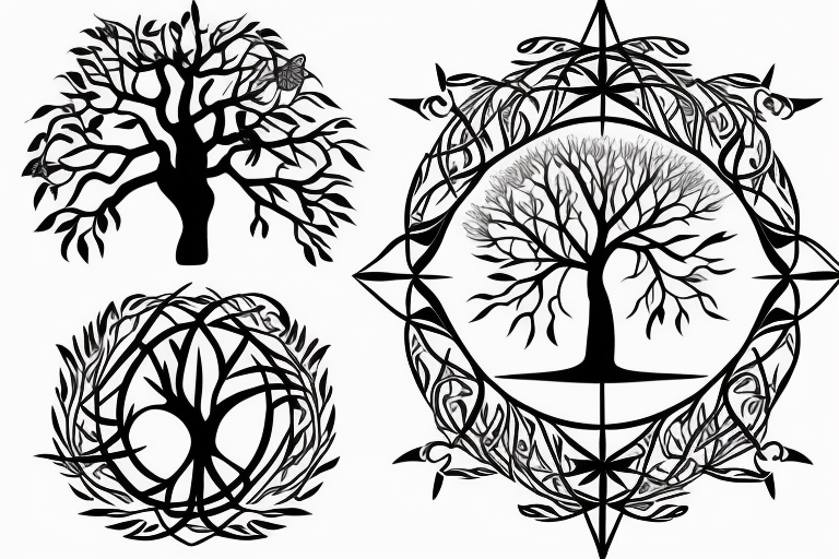 Tree of life without leaves, a compass and a butterfly tattoo idea