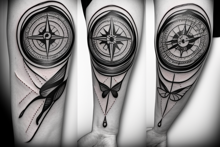 a small broken compass with a butterfly, thin lines tattoo idea