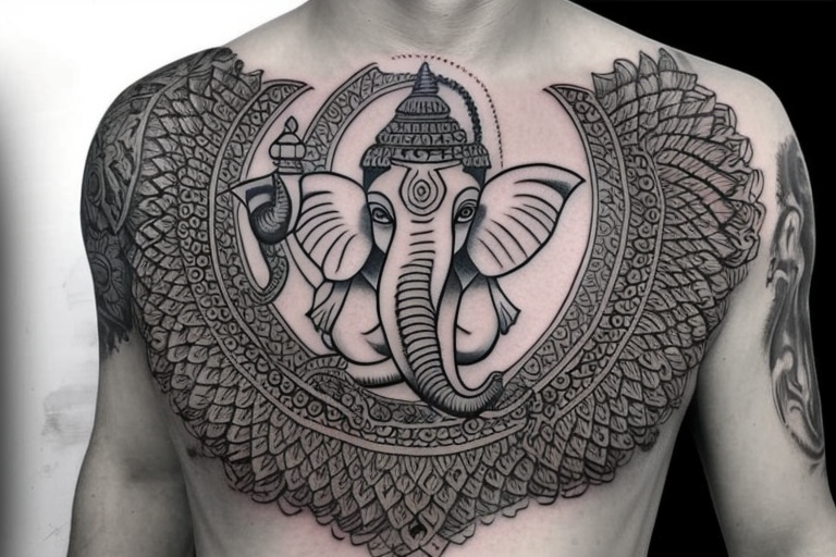Ganesha tattoo for chest extending into beautiful sleeve down left arm. Please include full detail. tattoo idea