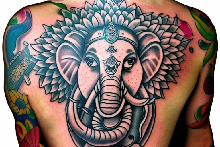 Hyperrealistic loving ganesha tattoo with a lotus flower over his head and a small mouse underneath his image. tattoo idea