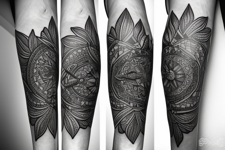 Create an arm sleeve tattoo that combines a cardinal Compass, Arrow, Mandala, Hummingbird, horse, turtle, melia flower, dolphin, maple leaf, and four leaf clover tattoo idea
