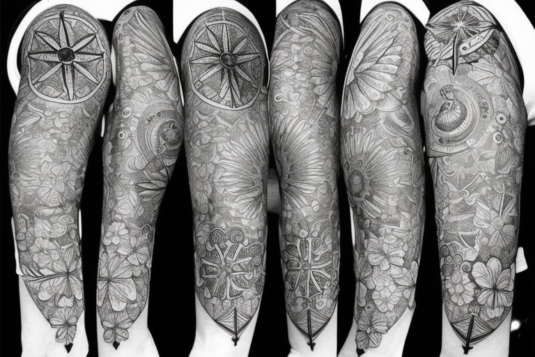 Create an long arm sleeve tattoo that combines a cardinal Compass, long Arrow, Mandala, Hummingbird, horse, turtle, melia flower, dolphin, maple leaf, and four leaf clover tattoo idea