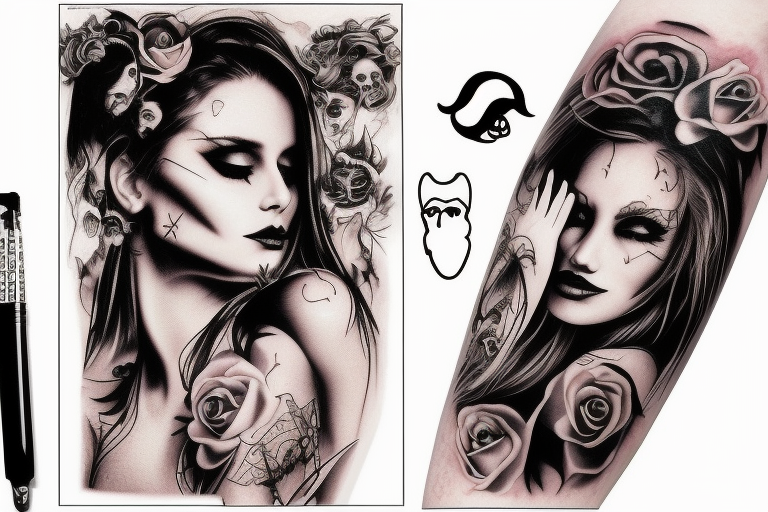 heaven and hell scene with realistic female face tattoo idea
