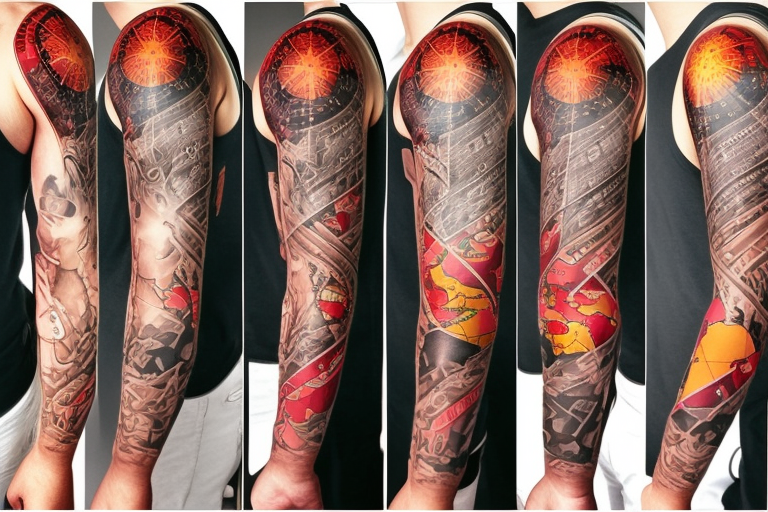 full sleeve tatoo with world map background, compass and entrepreneurship elements tattoo idea