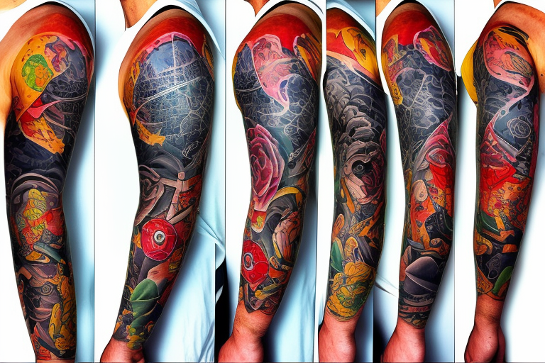 full sleeve tatoo with world map background, compass and entrepreneurship elements tattoo idea