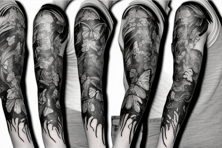 full sleeve tattoo having medusa, butterflies, Scorpio and crows in it. tattoo idea