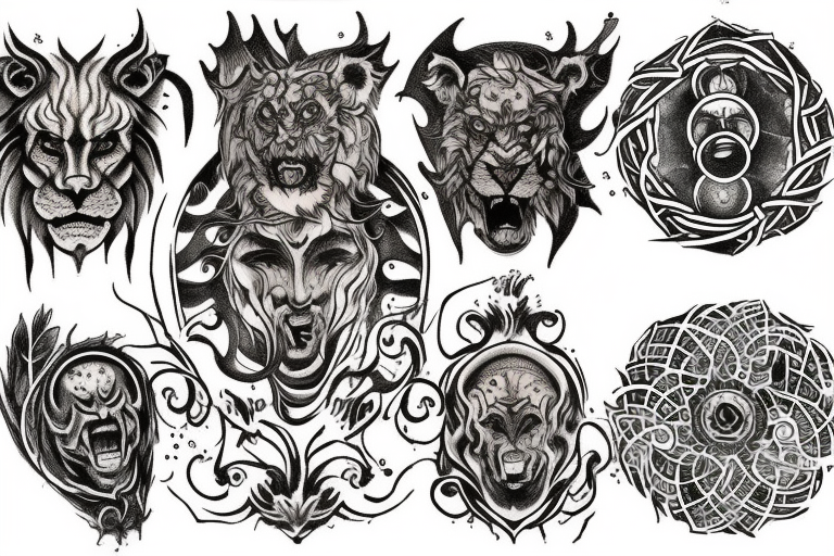 Dante's inferno inspired tattoo, including all inferno circles and creatures (Cerberus, Minos, leopard, lion) tattoo idea