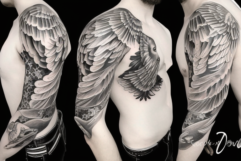 God and his angel with wings full sleeve tattoo idea