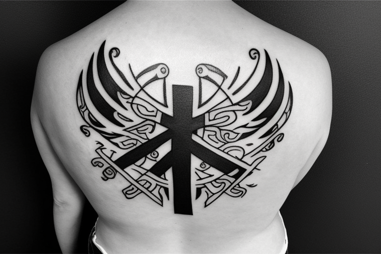 simple black cross tattoo on back