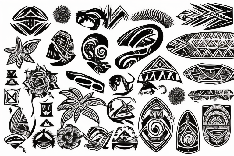 Hawaiian tribal incorporate travel, surf, sunset, longevity, health, and success tattoo idea