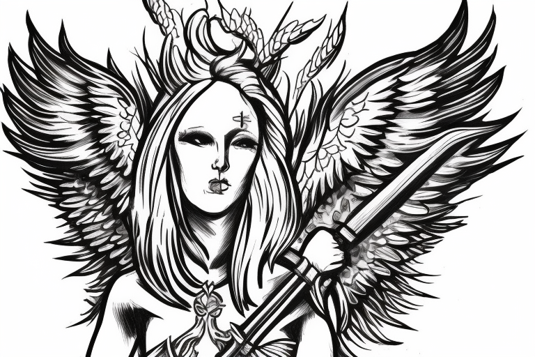 heroic angel with sword and wings tattoo idea