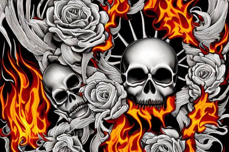 a realistic skull at the center, engulfed in vibrant flames that gradually transition into the falling petals or sand at the bottom. The flames can represent the transient and fleeting nature of life, while the skull and memento mori remind us of mortality tattoo idea