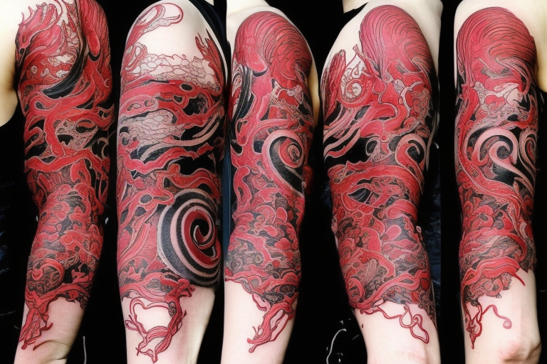 Mostly red and accents of black ink full sleeve tattoo based off of Takato Yamamoto’s artwork. I want squiggly lines incorporated into it. Minimal shading and mostly line work. Make it look grunge but feminine. tattoo idea