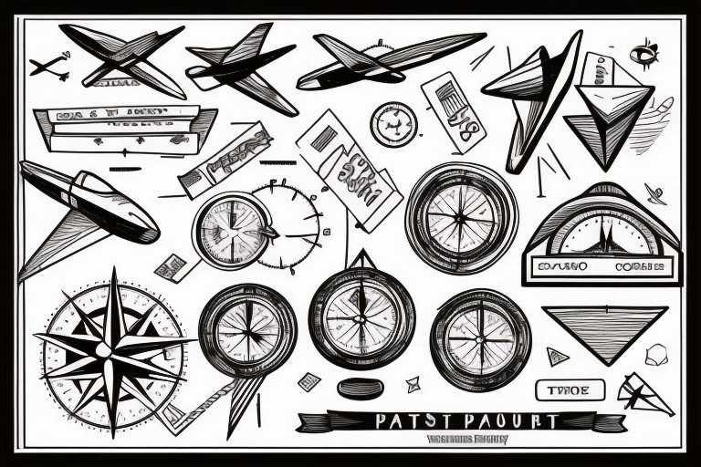 World with paper airplane,  passport Stamos and compass tattoo idea