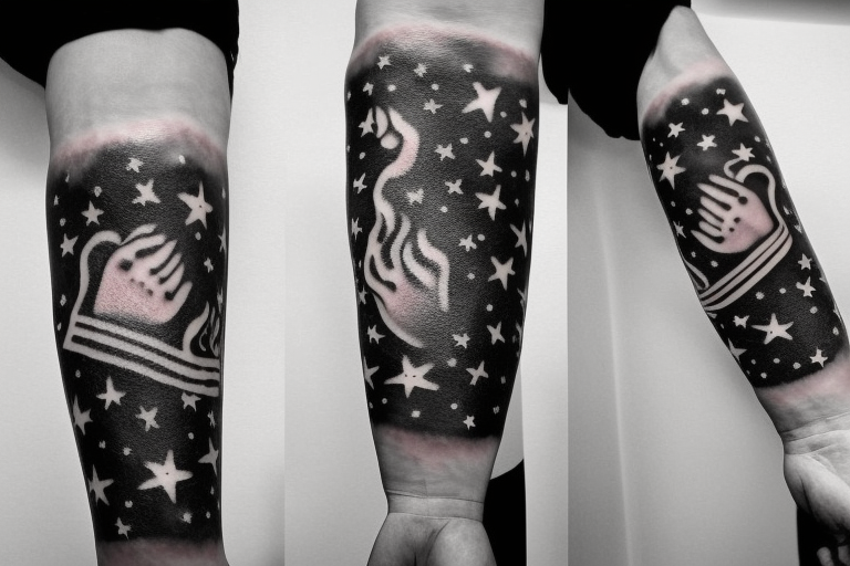 flames at the hand burning towards my wrist fading in to stars my for arm than lots of paw and stars and music notes this is a sleeve a full sleeve not patch work try again tattoo idea