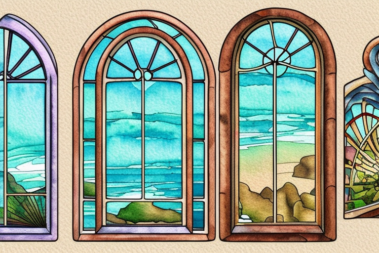 An arched Window slightly open to the view of the coast with sun rays coming in in the style of art nouveau tattoo idea