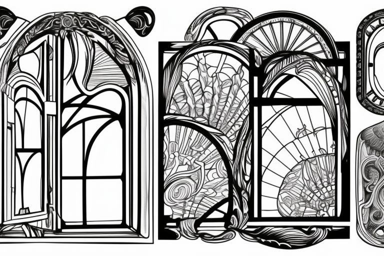 An arched Window with a view of the water with sun rays coming in in the style of art nouveau tattoo idea