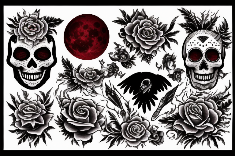 blood moon, flower, skull, raven, demon, star tattoo idea