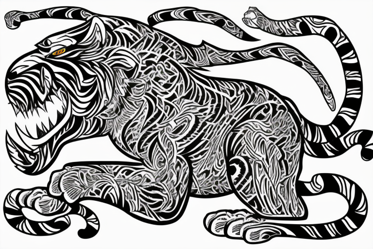 A line art design of a threatening tiger of full body, overhead short, design only, tribal tattoo idea