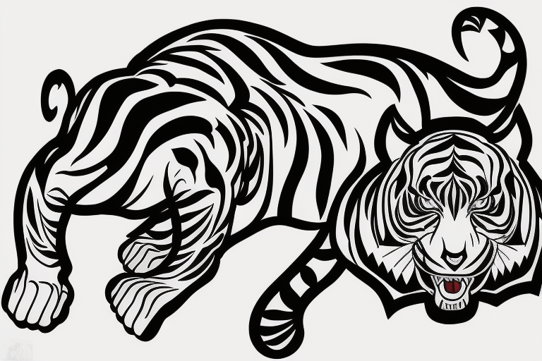 A line art design of a threatening tiger of full body, overhead short, design only, tribal tattoo idea
