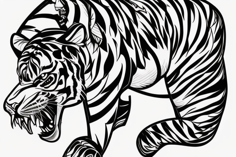 A line art design of a threatening tiger of full body, overhead short, design only, tattoo idea