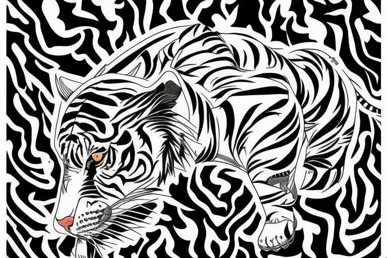 A line art design of a threatening tiger of full body, overhead short, design only, tattoo idea