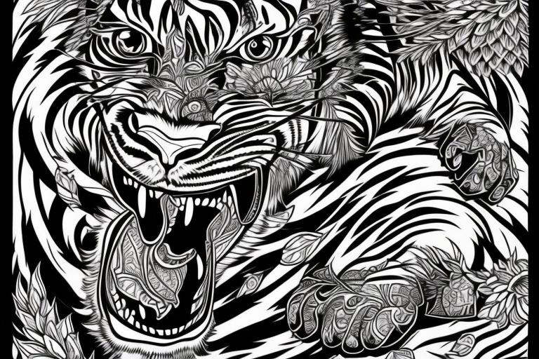 A line art design of a threatening tiger of full body, overhead short, outline only tattoo idea