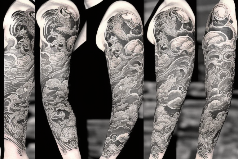 tattoo sleeve with Amaterasu goddess on the shoulder and dragon along the hand tattoo idea