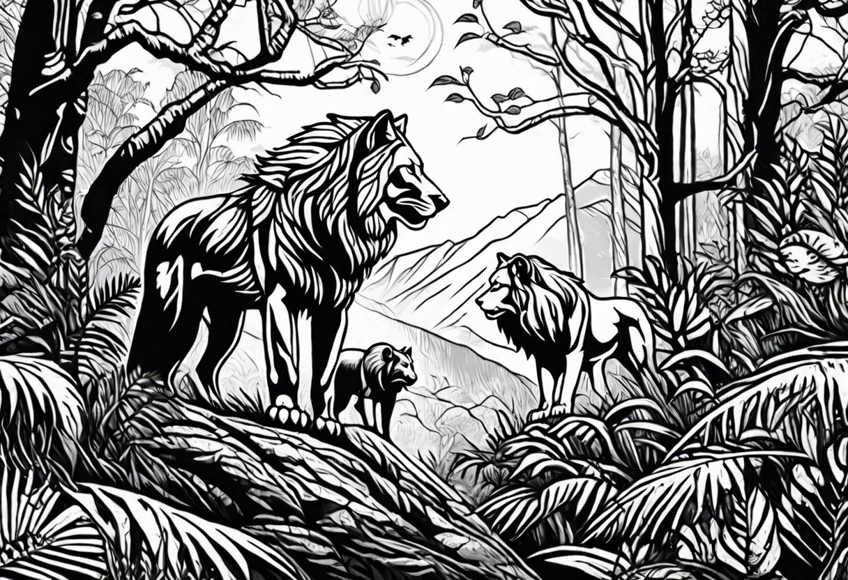 wolf pack and lion pack in the jungle far away walking towards a tree tattoo idea