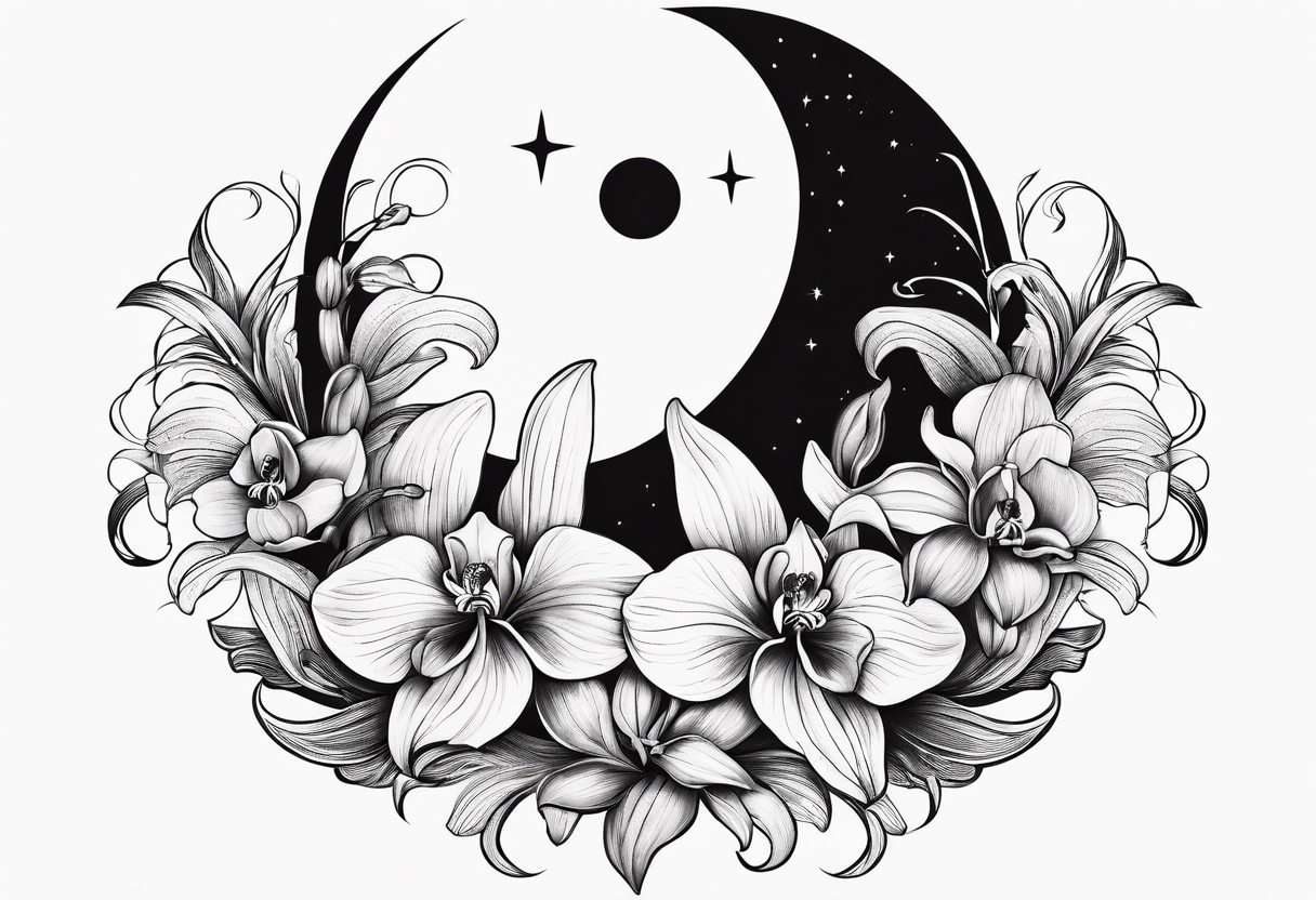 Orchid and crescent moon with Bohemian design tattoo idea