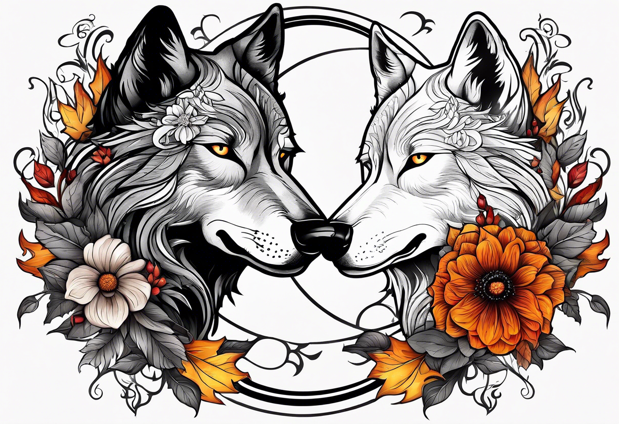 good wolf and bad wolf. Ying Yang style. Good wolf with flowers, autumn style. Bad wolf with fire and thorns. tattoo idea