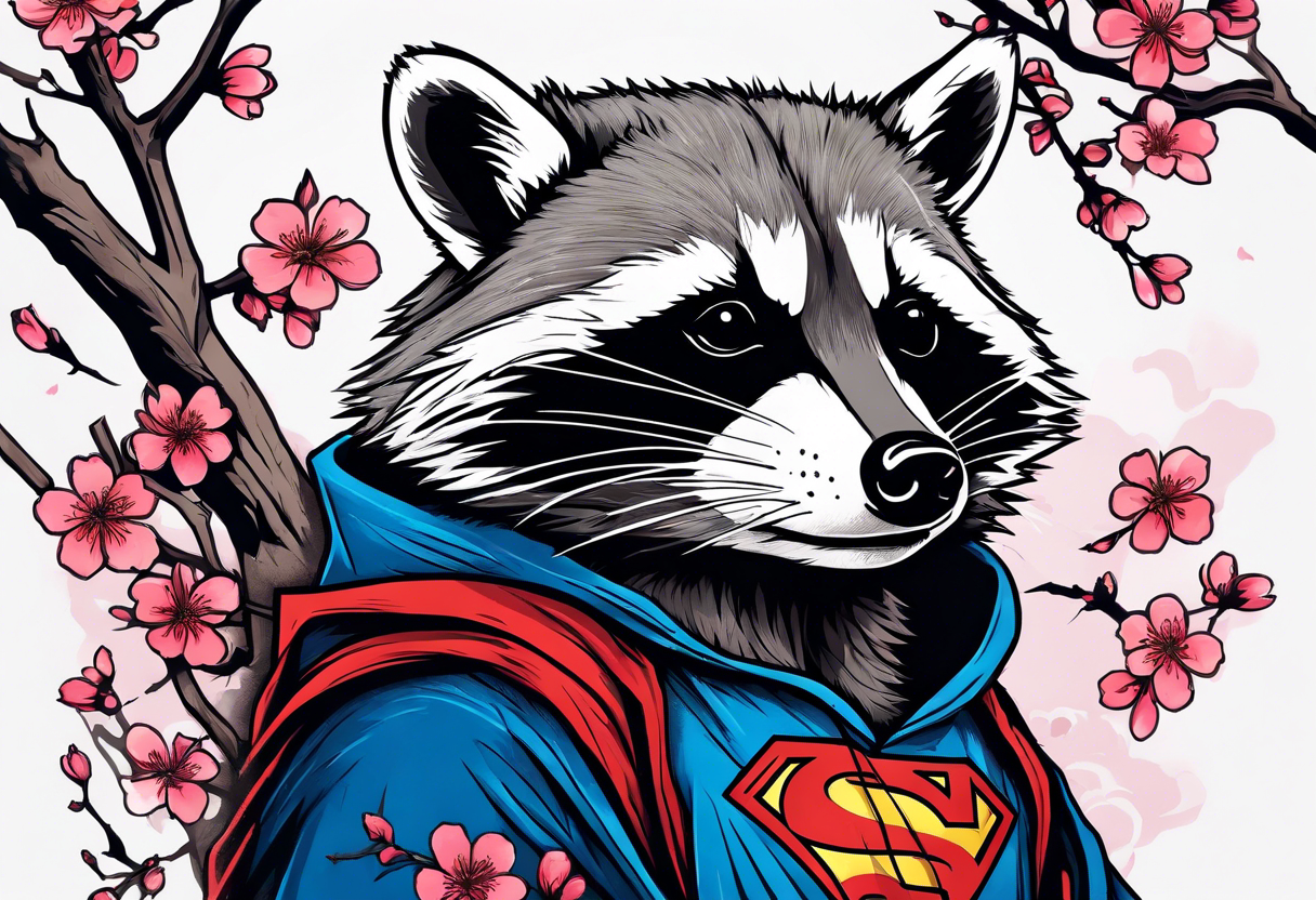 Raccoon wearing a Superman hoodie and Japanese cherry blossoms tattoo idea