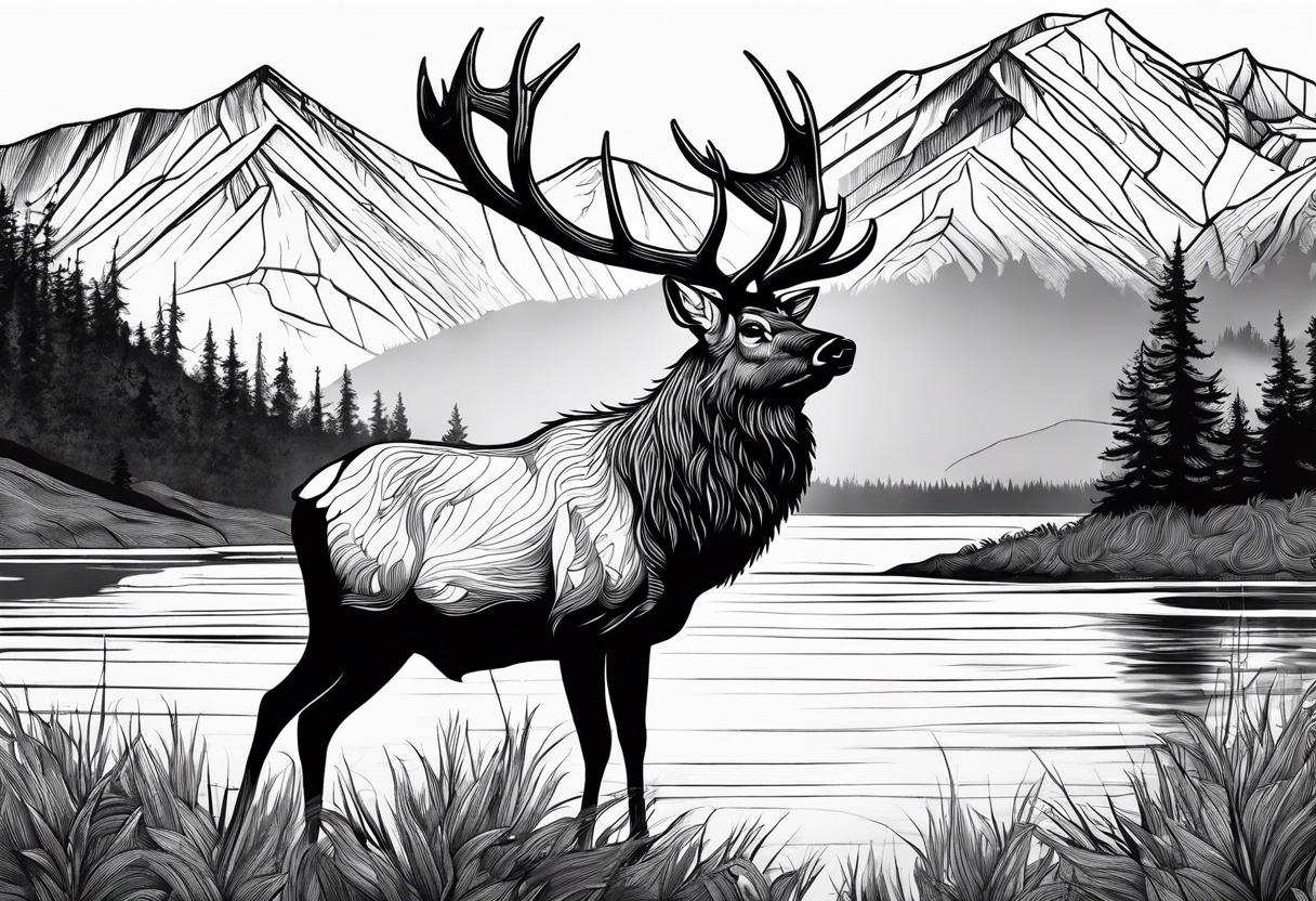 elk with mountains and lake tattoo idea