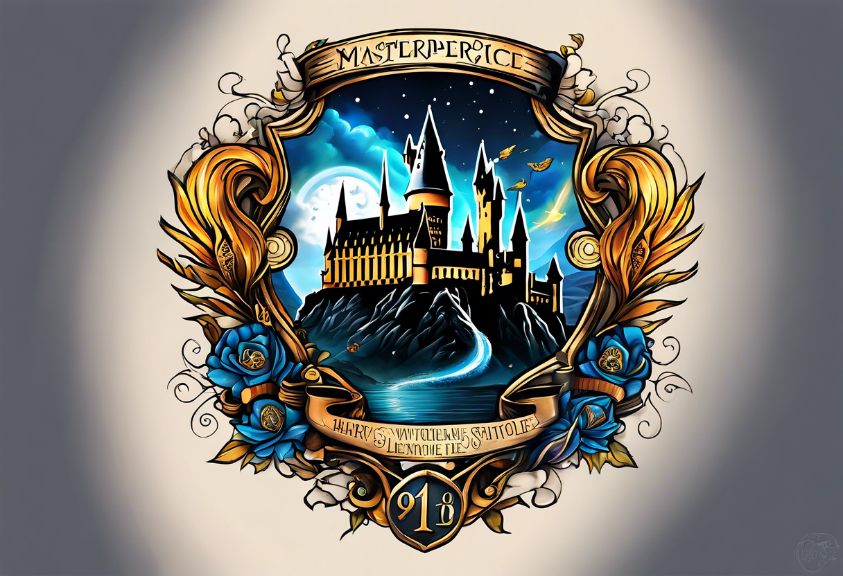 Harry Potter themed full sleeve. Include the Hogwarts castle, a golden snitch, the flying ford angler, the Ravenclaw house crest, and Luna Lovegood. tattoo idea