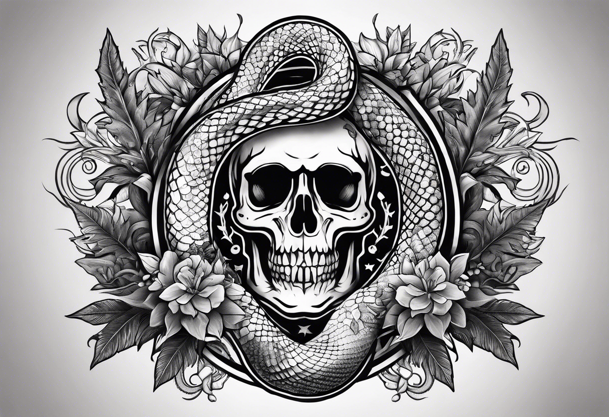 arm sleeve tattoo with a snake, gun, weed symbol that says HYDRA tattoo idea