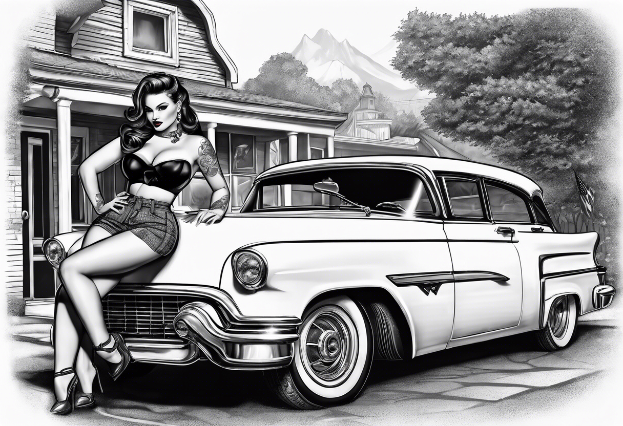 Pinup girl standing by a car tattoo idea