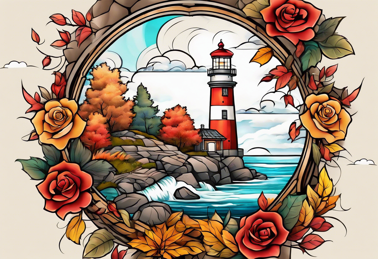 thigh tattoo in fall colors, showing lighthouse, water flow around rocks, sky, clouds, leaves, roses and no trees tattoo idea