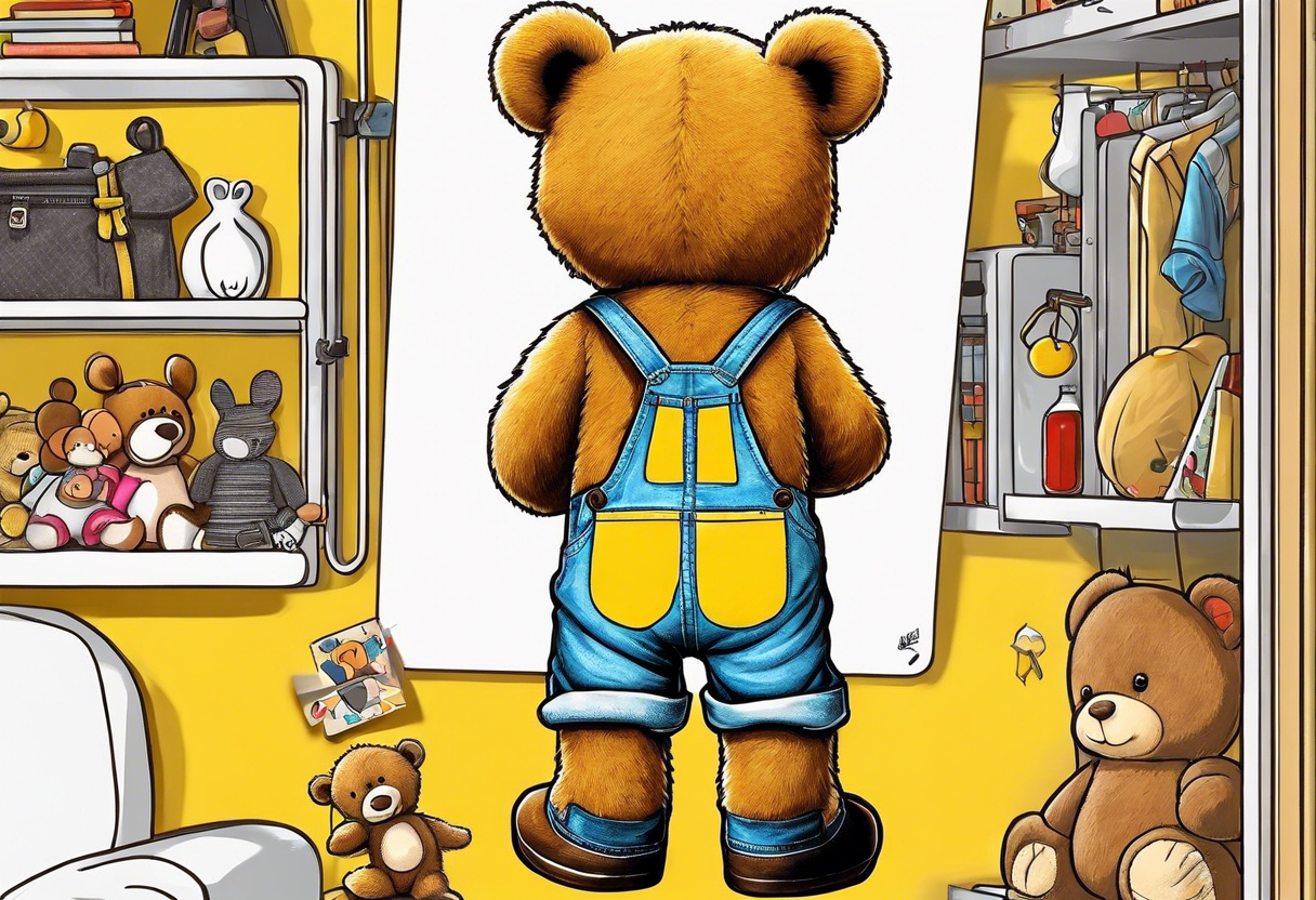 image of the back of a light brown teddy bear standing in yellow overalls, striped tank top and wearing boots and holding the hand of a little girl who is taller than him tattoo idea