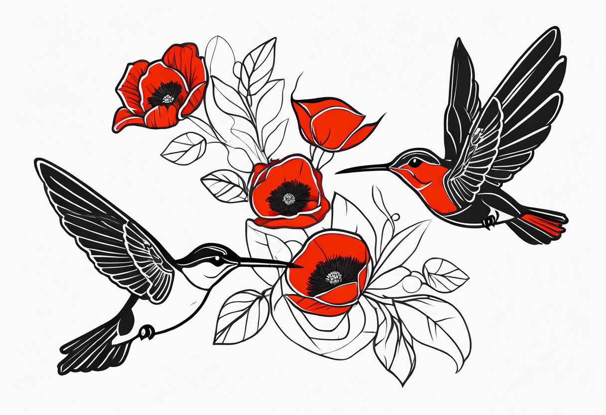 hummingbirds with red poppies tattoo idea