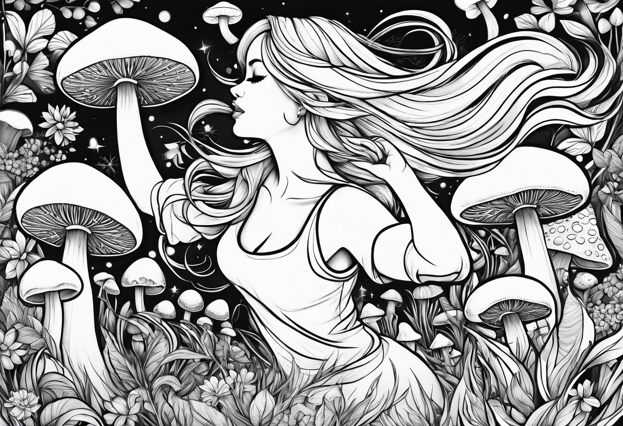 Blonde chubby Girl dancing in field of mushrooms tattoo idea