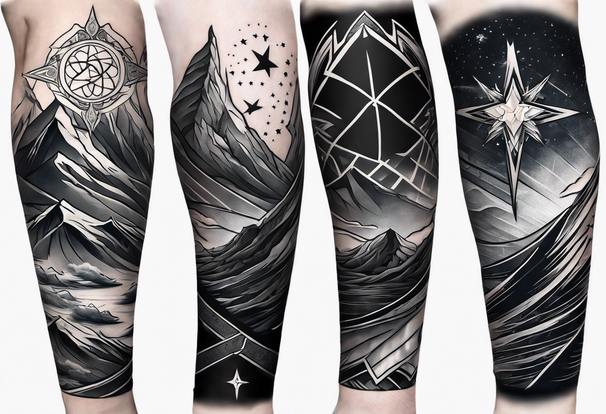 complete upper arm sleeve. Feature three mountain side by side, with 3 stars above them crossed sword patterns that evoke the Valkyrie spirit. Keep the design in clean, simple lines. tattoo idea