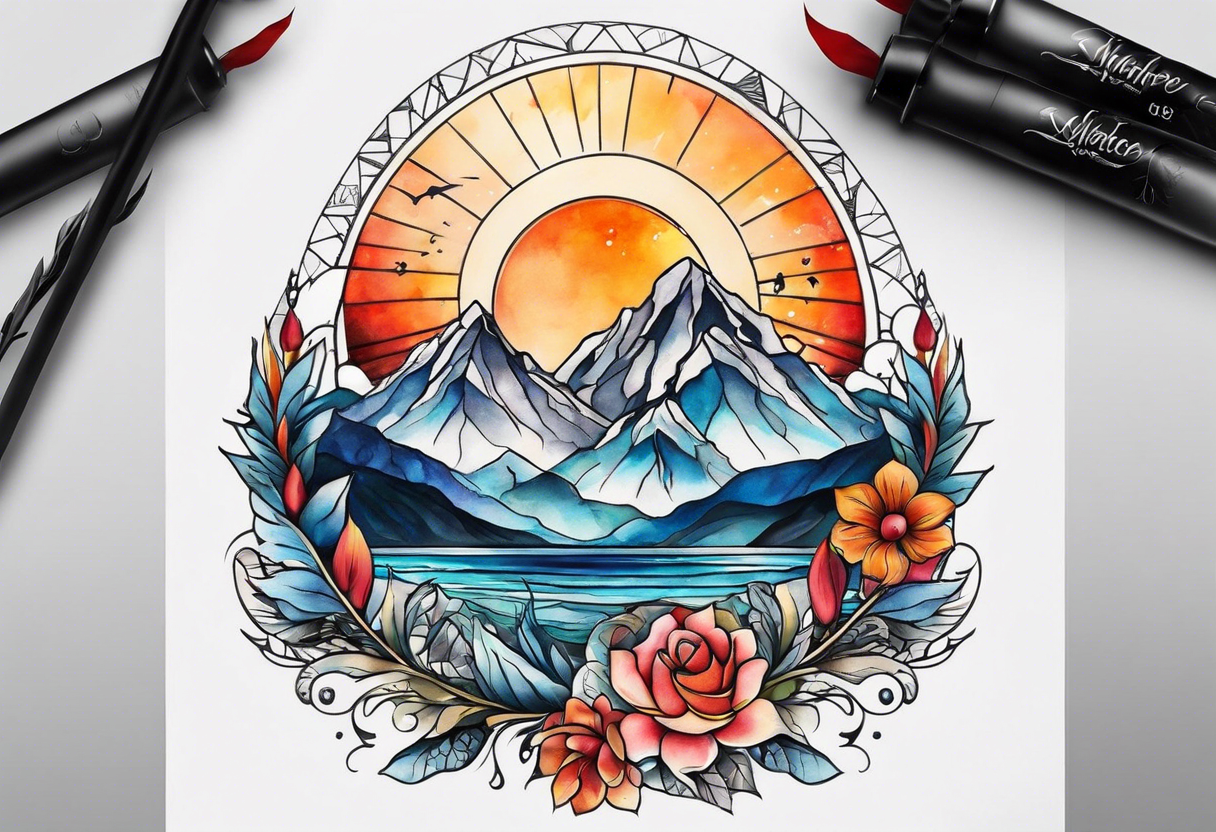 I want to 2 different tattoo design, but they will be in a matching style.
First tattoo will be mountains with a sunrise.
second tattoo will be sea with sunset. tattoo idea