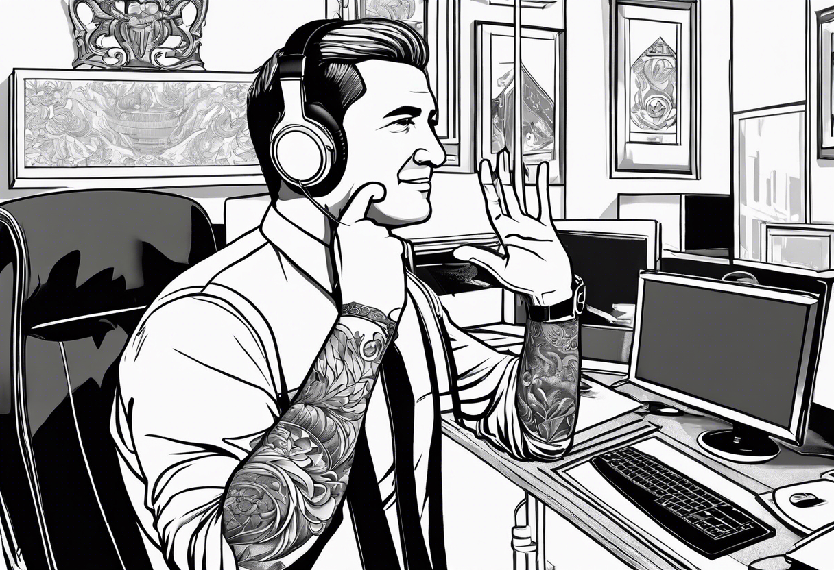 A manager in an office holds the raised hand of a businessman wearing headphones at a computer in tattoo idea