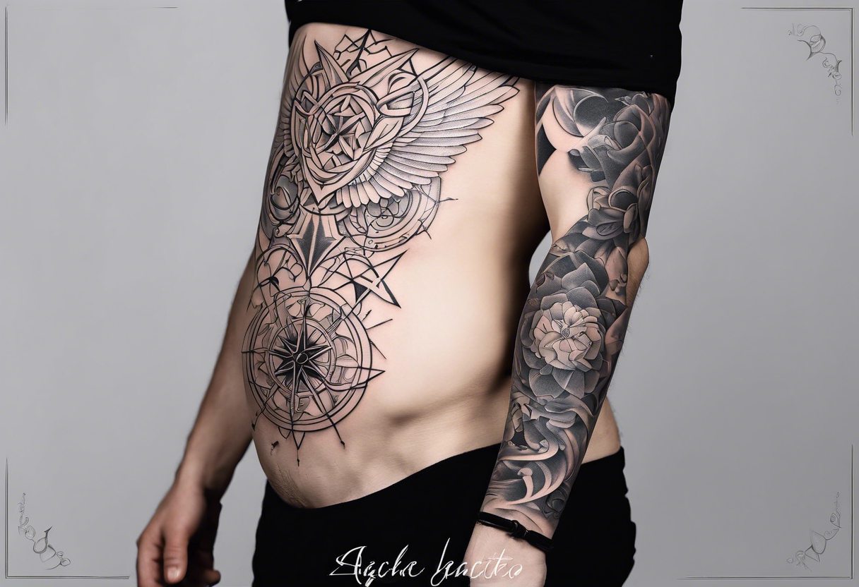 Fine line tattoo on the rib cage (right side). Contains the heaven seal and sharigan fron Naruto, archer’s symbole from fate stay night, trafalgar law heart from one piece tattoo idea